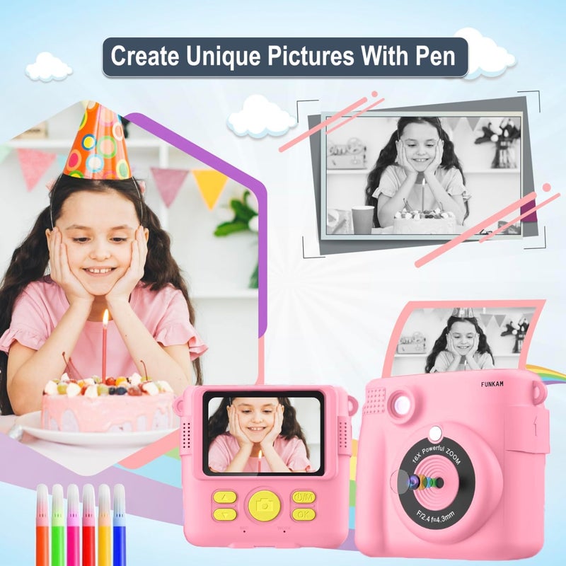FUNKAM Instant Print Camera for Kids - 2.4" HD 1080P - with 32GB SD Card, 5 Markers, Stickers, 5 Paper Rolls, Lanyard. Camera Boys and Girls from 3 to 14 Years Old. (Pink) - Image 4
